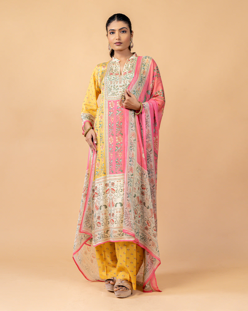 Pink and Yellow Printed Salwar suit with Chiffon Dupatta