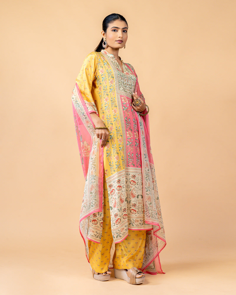 Pink and Yellow Printed Salwar suit with Chiffon Dupatta