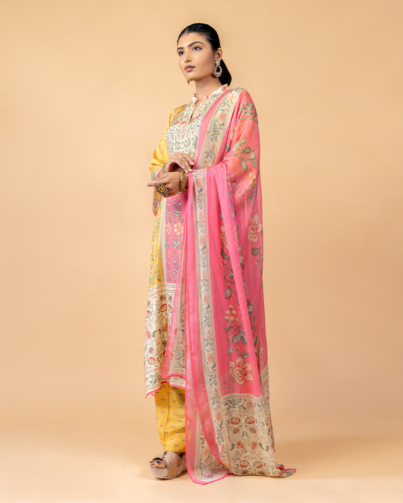 Pink and Yellow Printed Salwar suit with Chiffon Dupatta