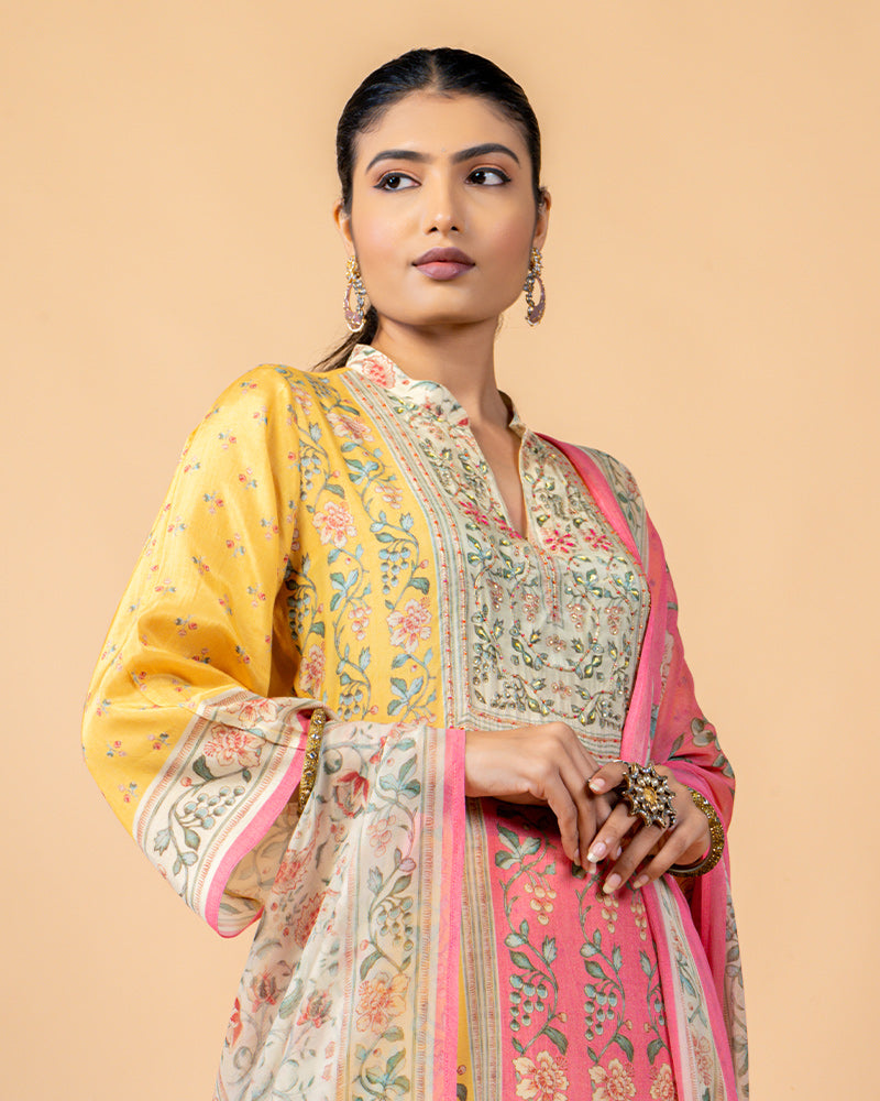 Pink and Yellow Printed Salwar suit with Chiffon Dupatta