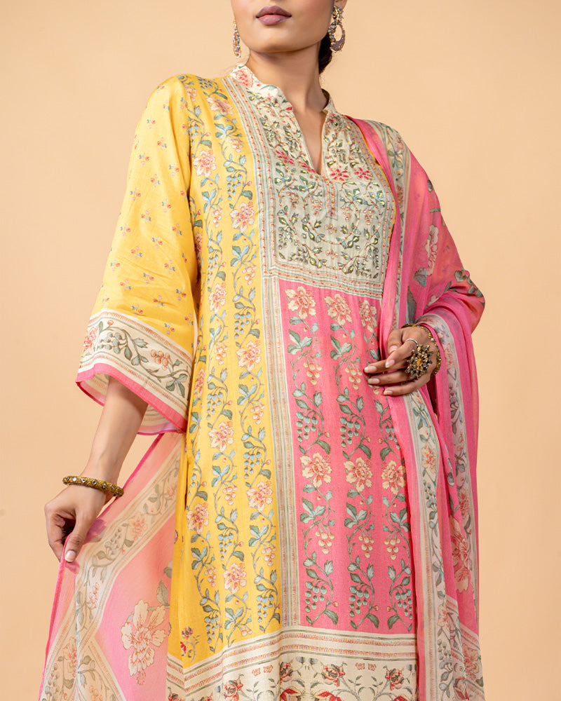 Pink and Yellow Printed Salwar suit with Chiffon Dupatta