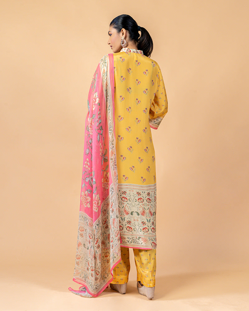 Pink and Yellow Printed Salwar suit with Chiffon Dupatta