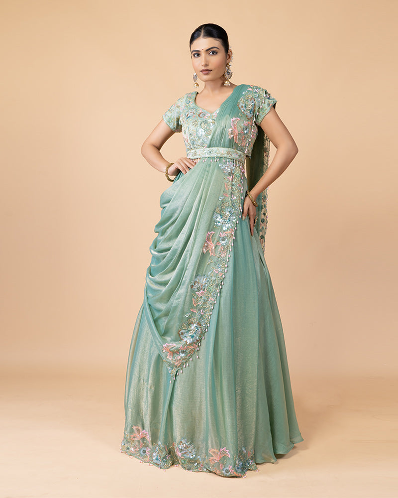 Pista Green Lehenga choli with Draped Dupatta