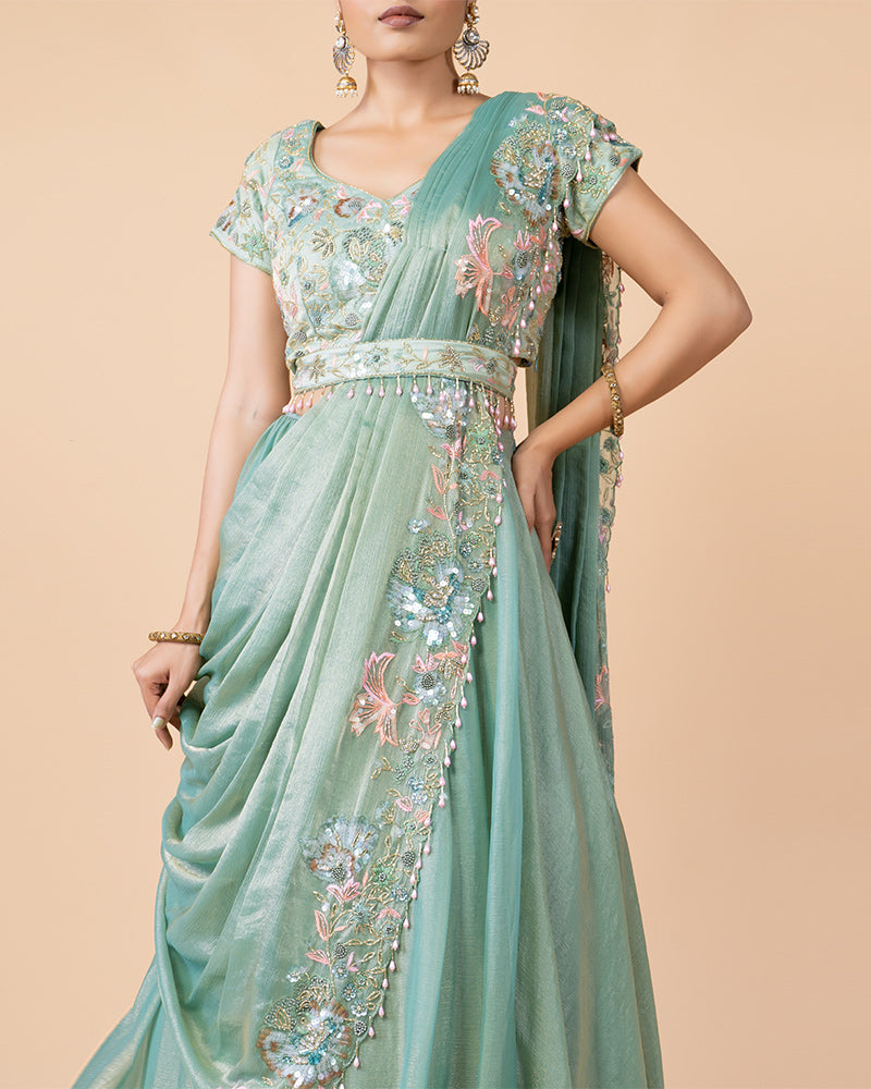 Pista Green Lehenga choli with Draped Dupatta