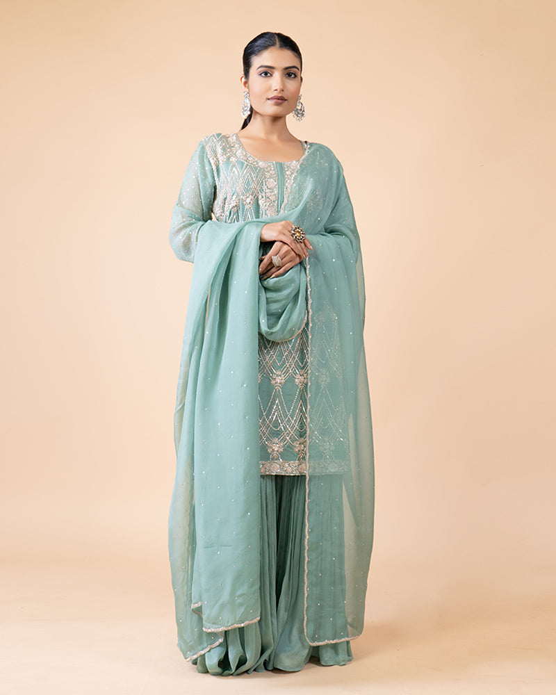 Pista Green Sharara Set with Embellished Top And Dupatta