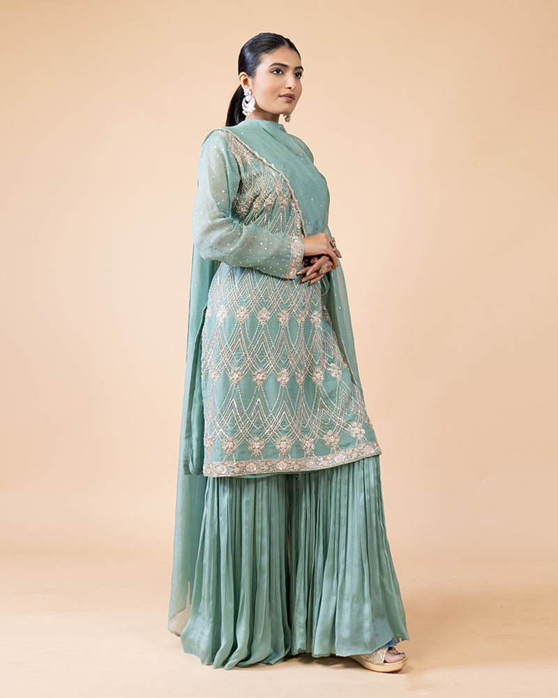 Pista Green Sharara Set with Embellished Top And Dupatta