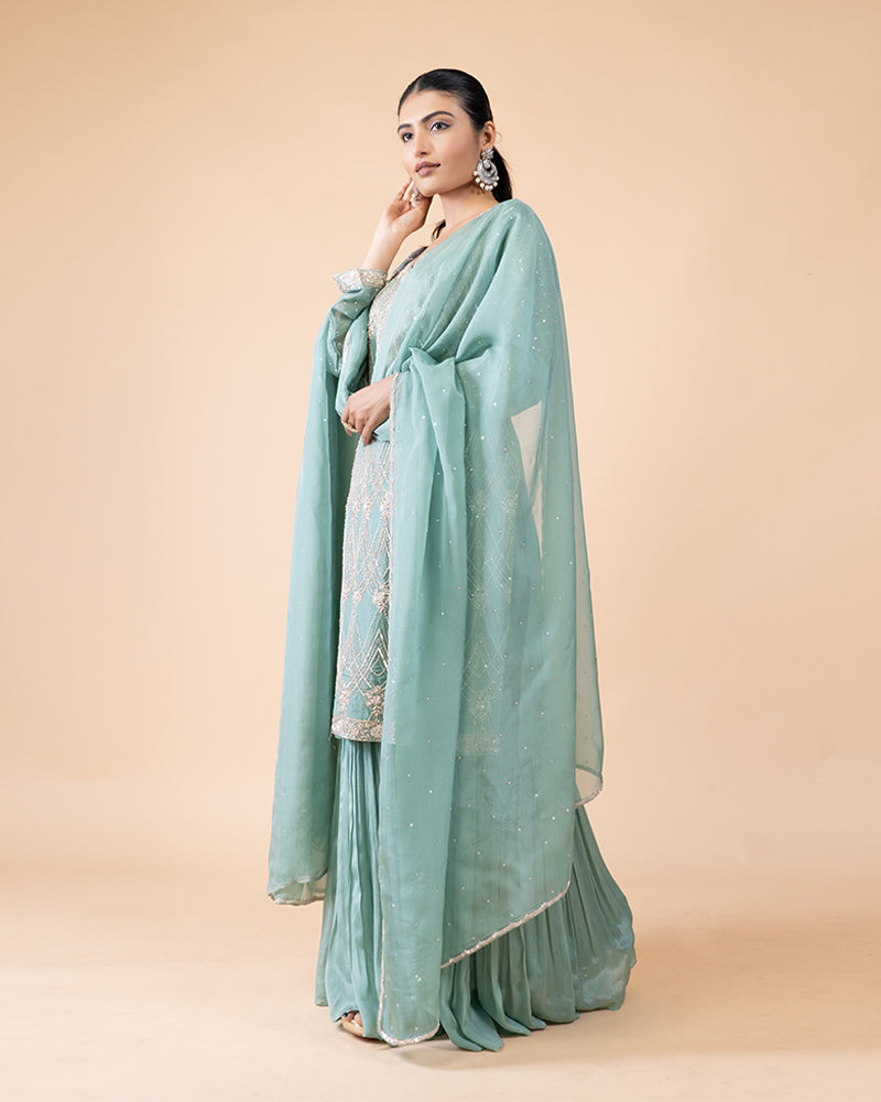 Pista Green Sharara Set with Embellished Top And Dupatta