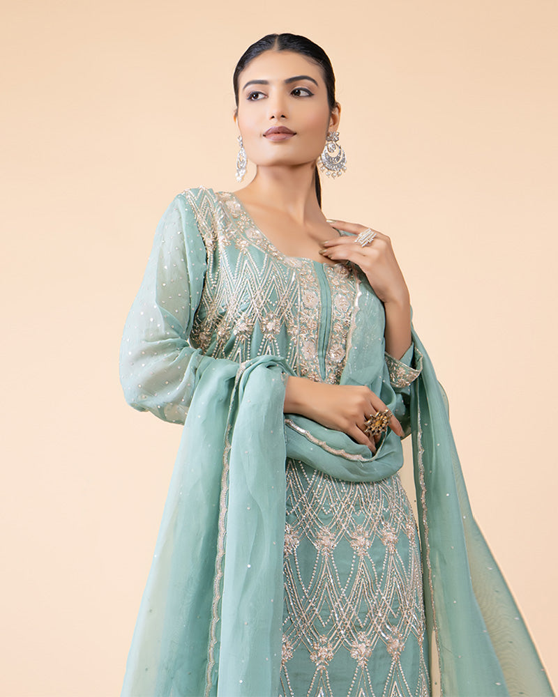 Pista Green Sharara Set with Embellished Top And Dupatta