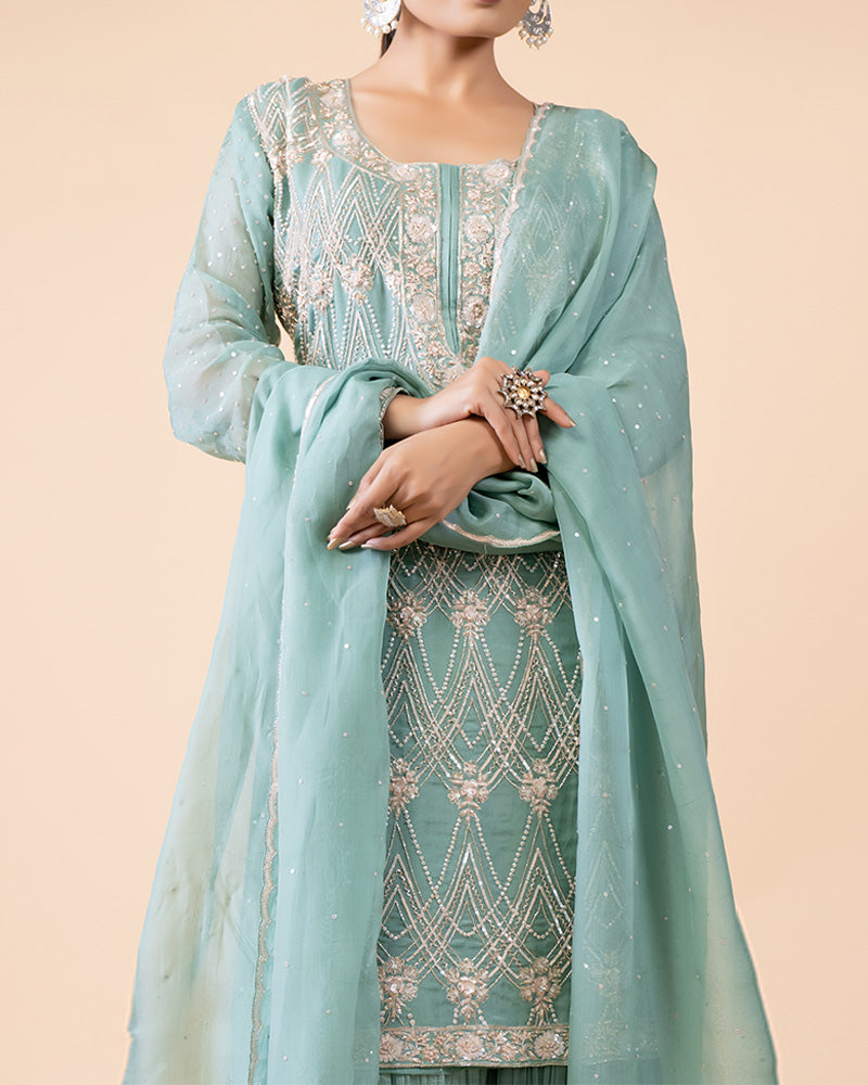 Pista Green Sharara Set with Embellished Top And Dupatta