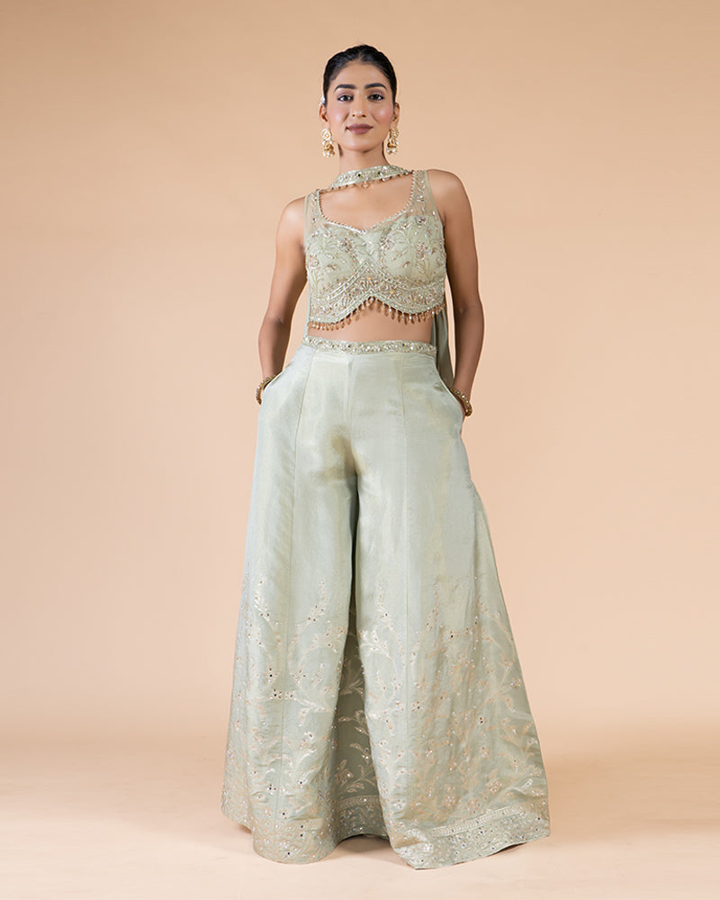 Pista green Palazzo with Crop Top and Dupatta