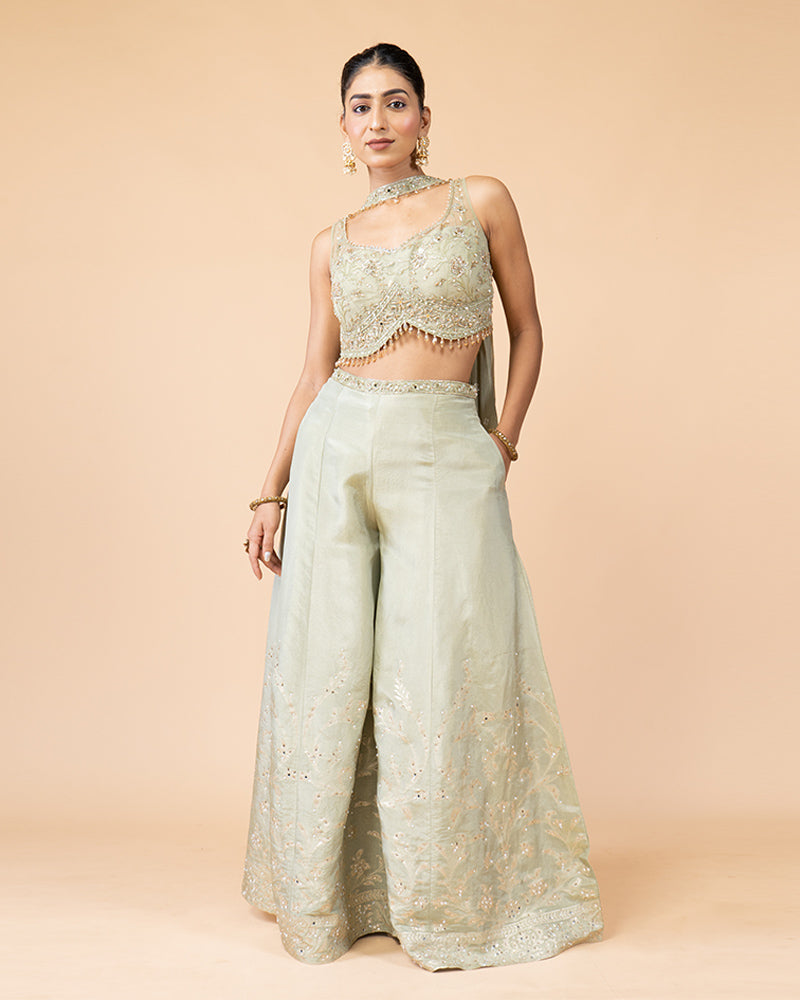 Pista green Palazzo with Crop Top and Dupatta