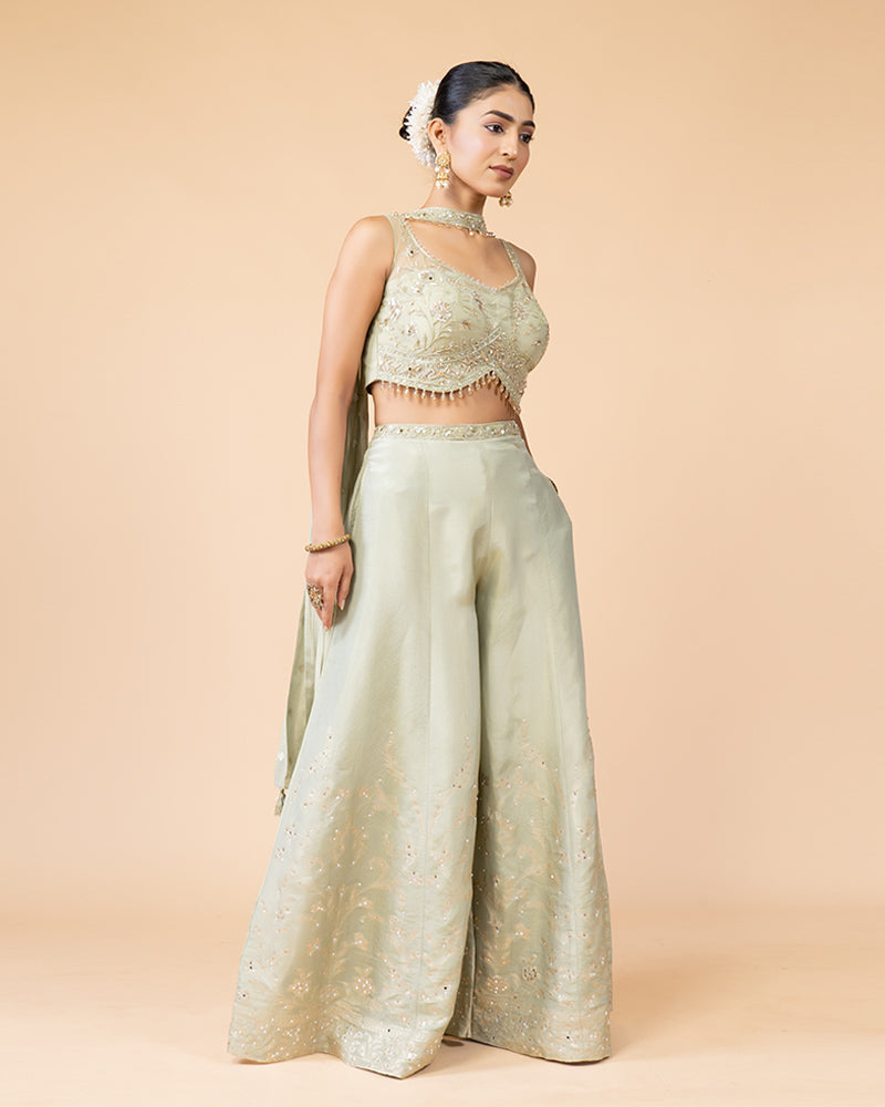 Pista green Palazzo with Crop Top and Dupatta