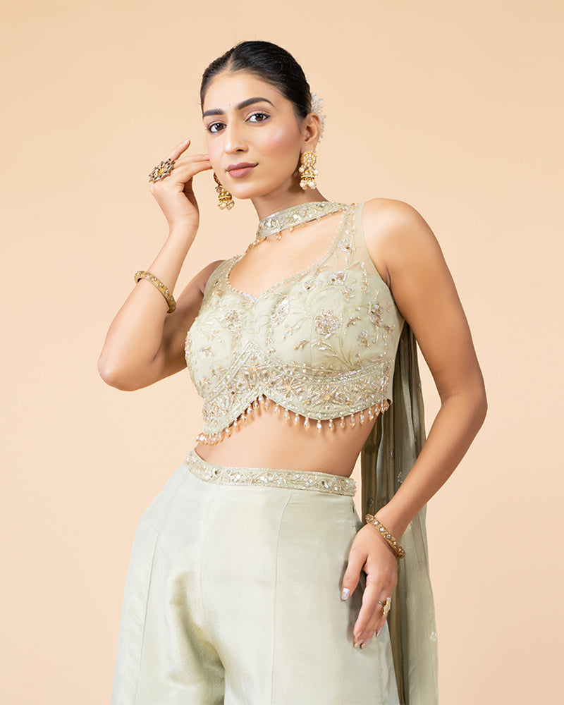 Pista green Palazzo with Crop Top and Dupatta