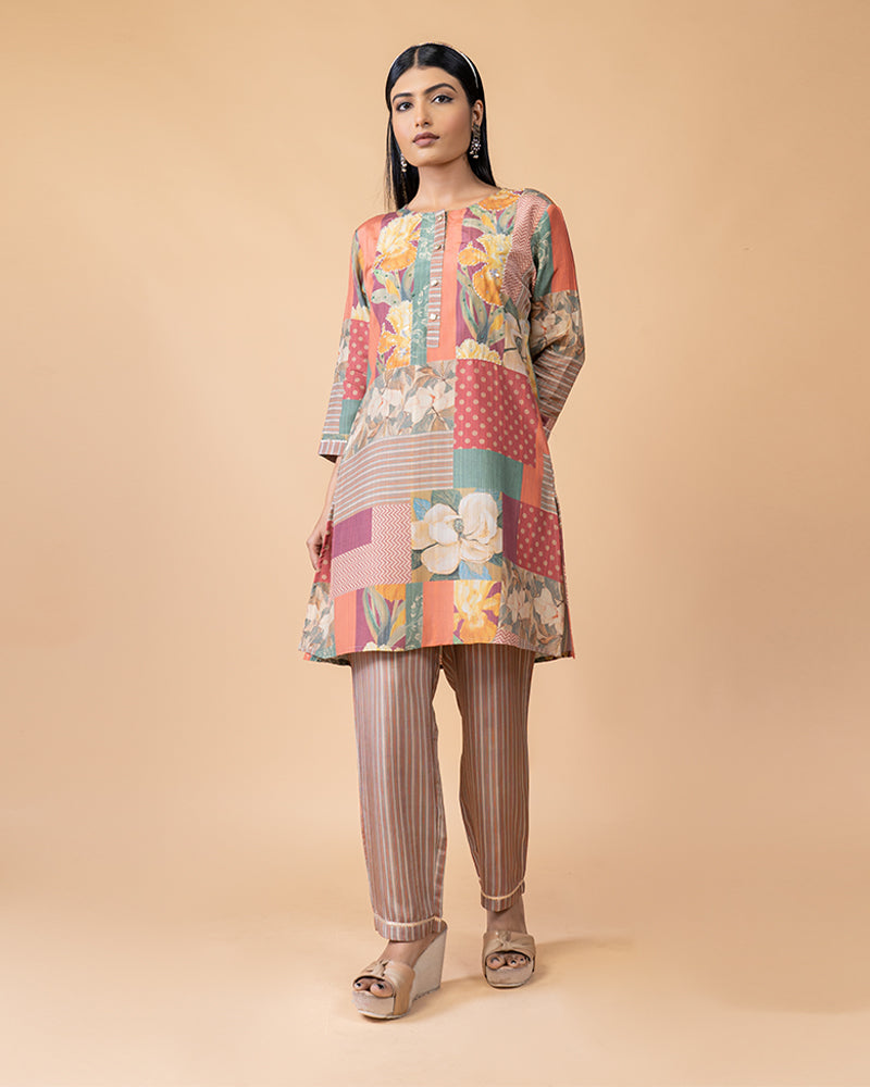 Plaster Brown Printed Salwar Kameez Set