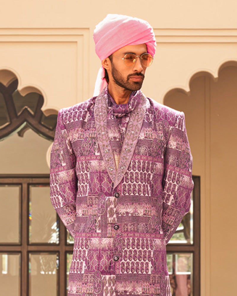 Plum Printed Anarkali Dress and Men Kurta Set