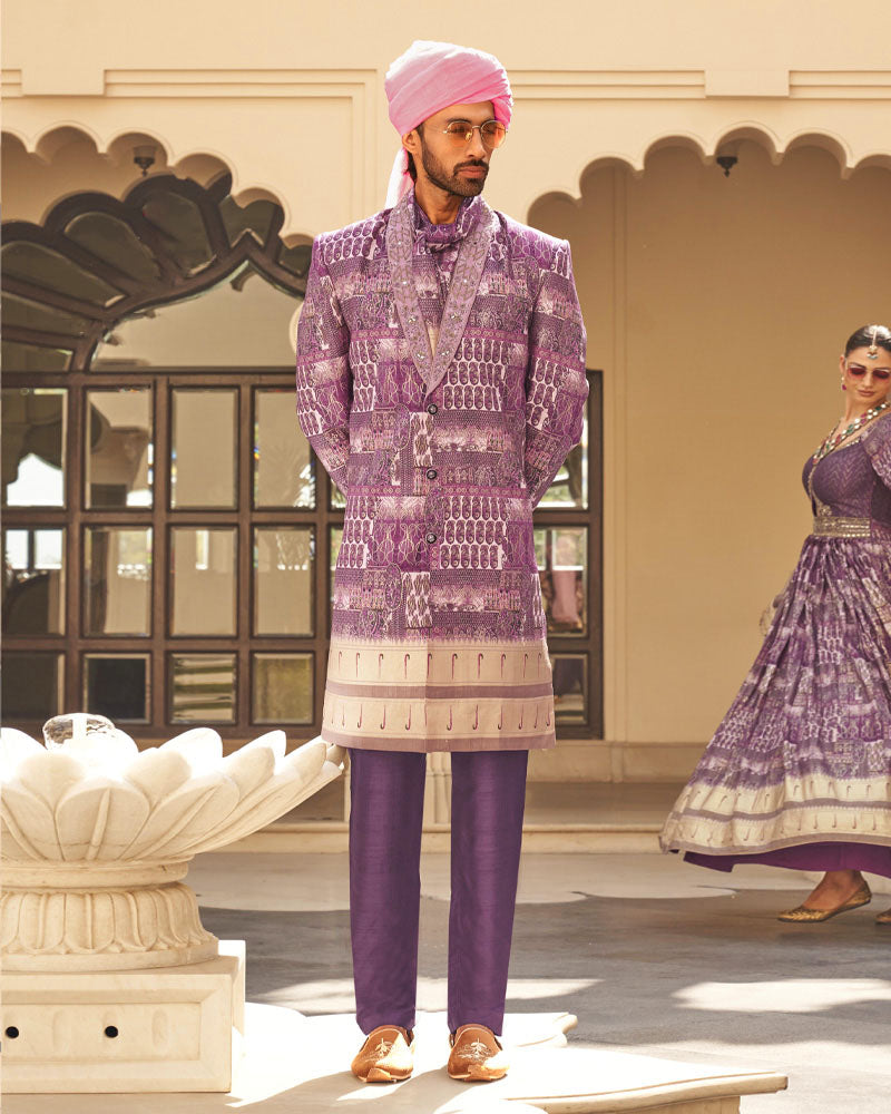 Plum Printed Anarkali Dress and Men Kurta Set