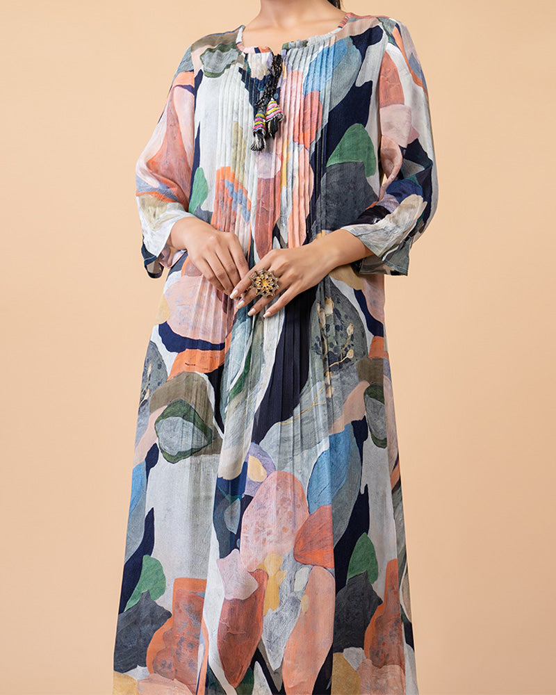 Printed Maxi Dress with Tassel Accent on Neckline