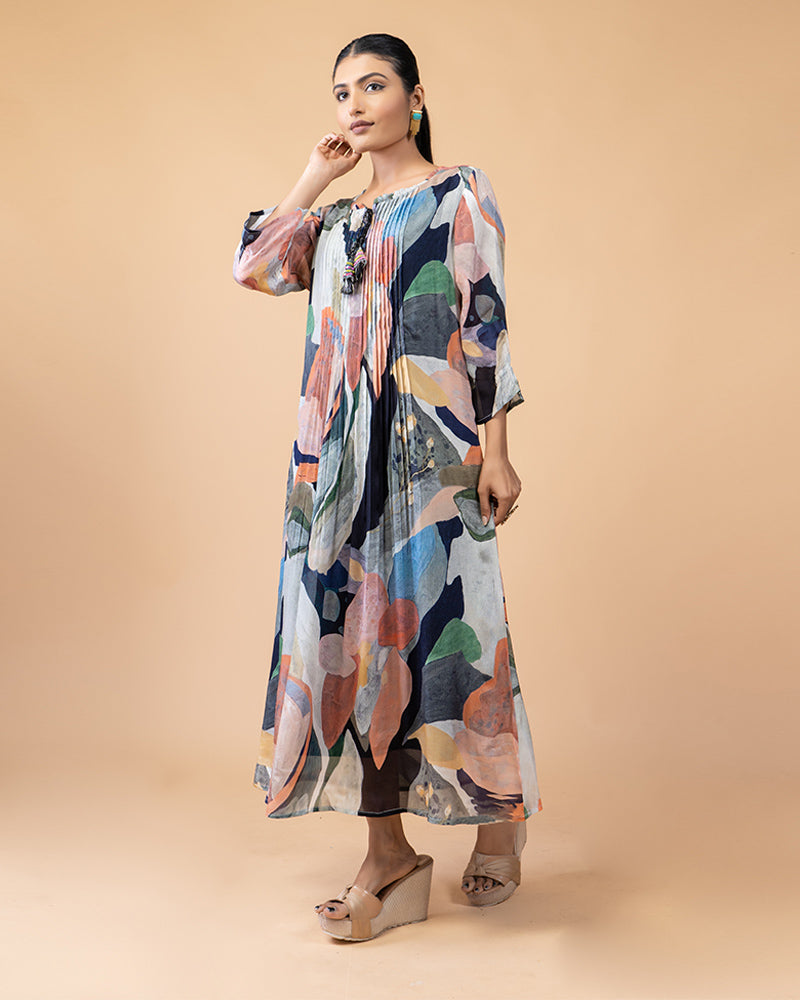 Printed Maxi Dress with Tassel Accent on Neckline