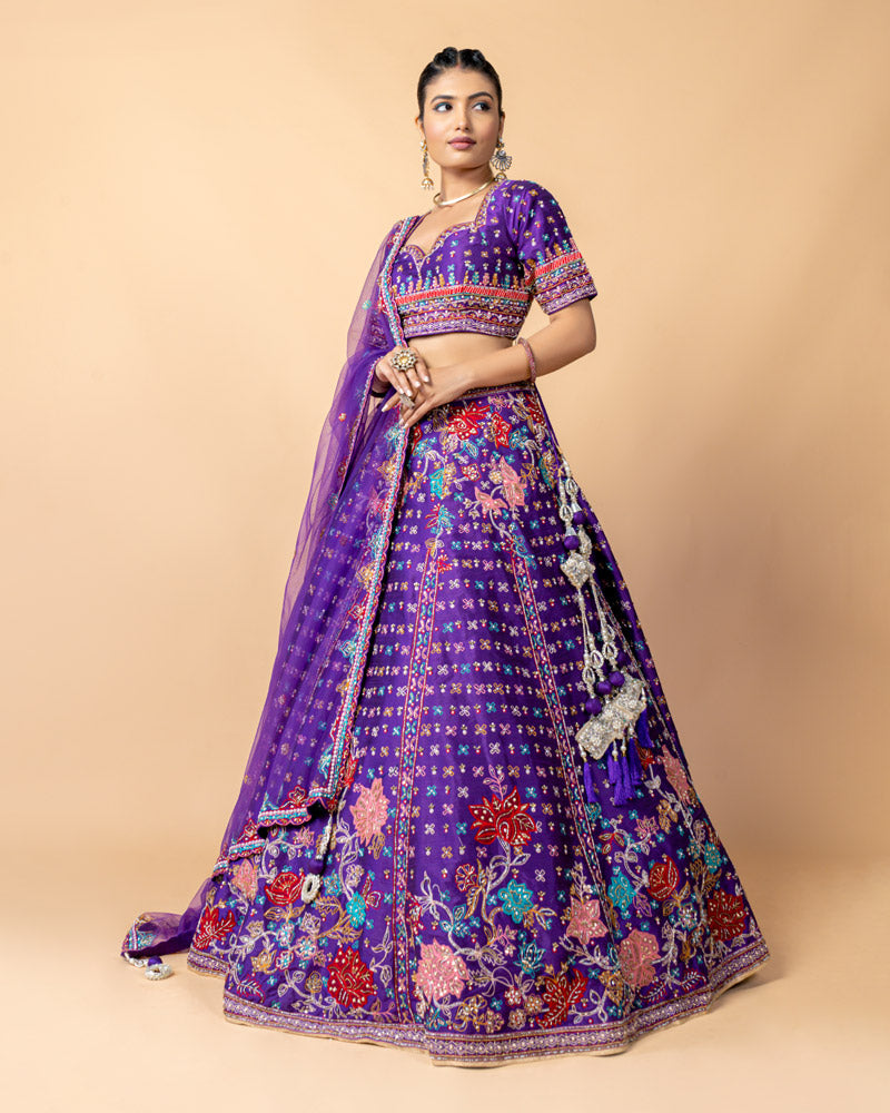 Purple Lehenga Choli with Zardozi work and Net Dupatta