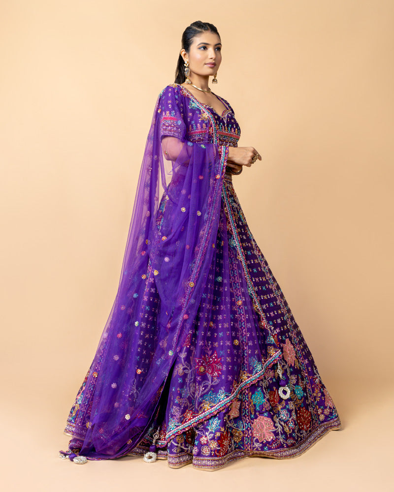 Purple Lehenga Choli with Zardozi work and Net Dupatta