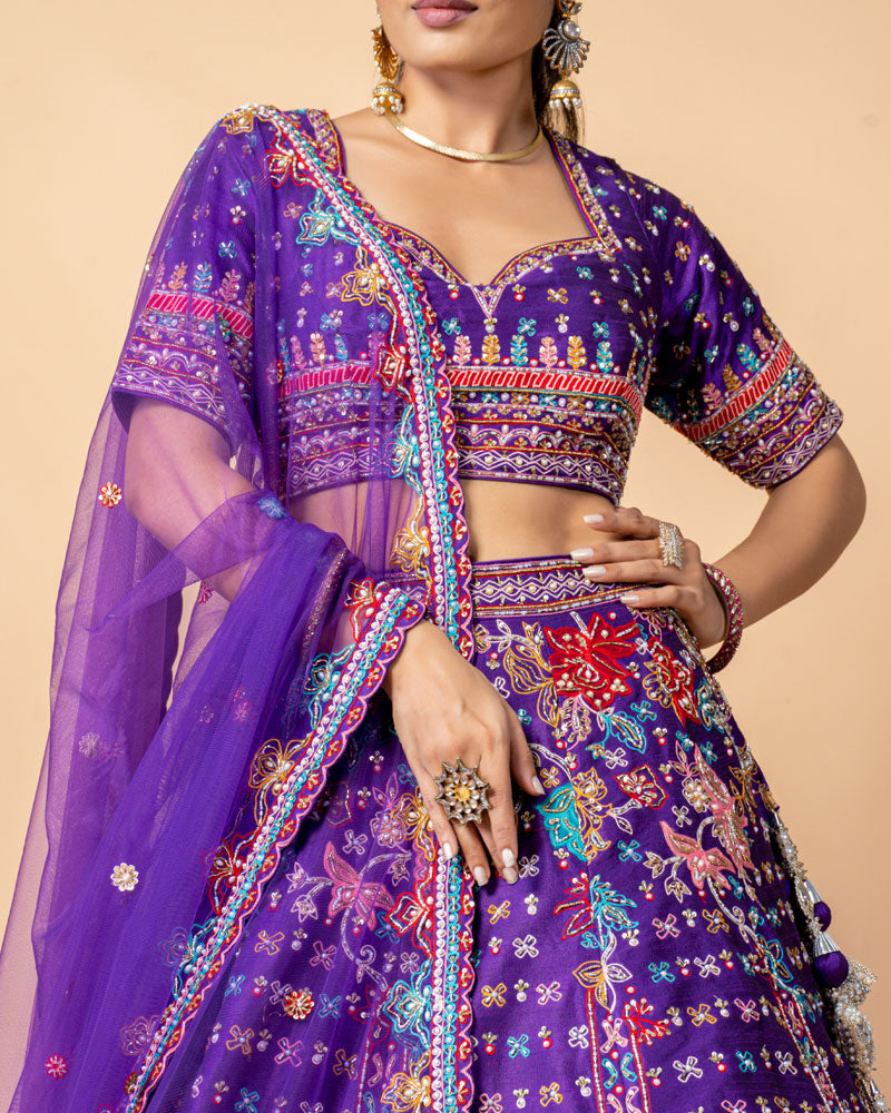 Purple Lehenga Choli with Zardozi work and Net Dupatta