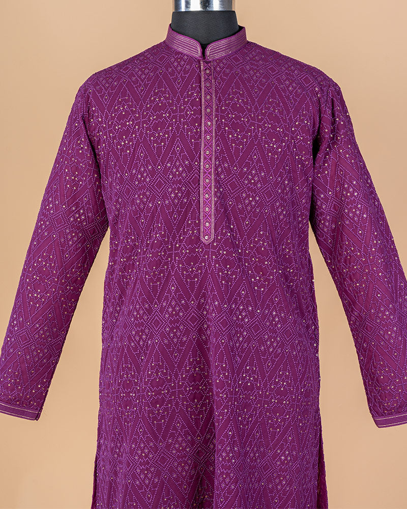 Purple Men's Sequins Embroidered Kurta Pajama