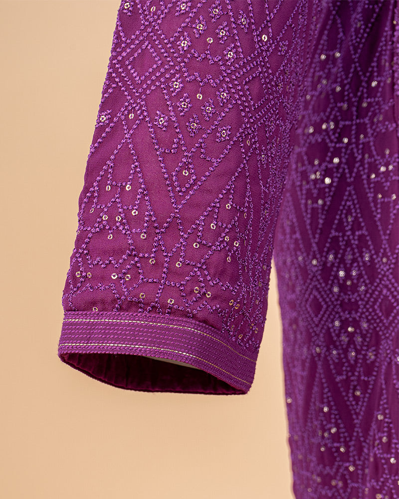 Purple Men's Sequins Embroidered Kurta Pajama