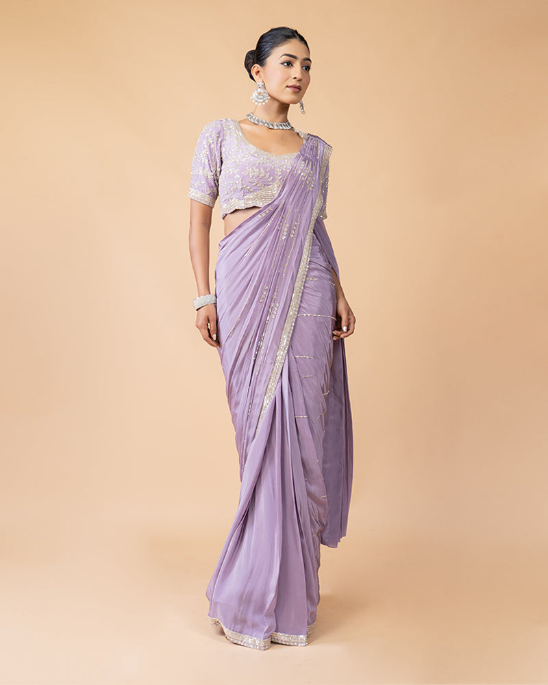 Purple Ready-to-Wear Saree with Embellished Blouse