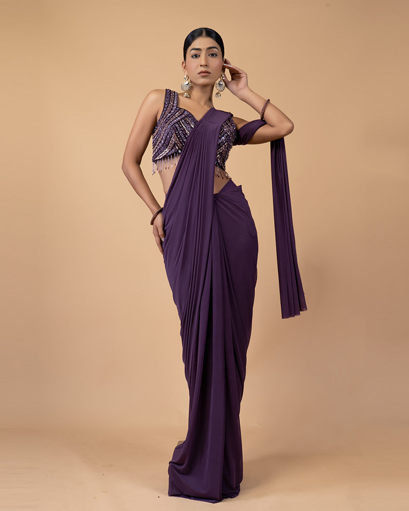 Purple Ready-to-Wear Saree with Hand Embellished Blouse