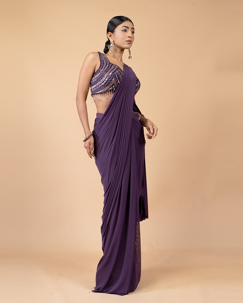 Purple Ready-to-Wear Saree with Hand Embellished Blouse