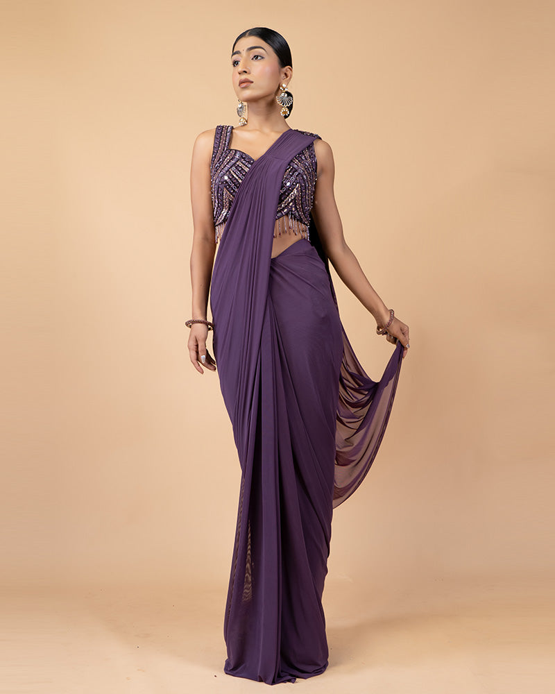 Purple Ready-to-Wear Saree with Hand Embellished Blouse