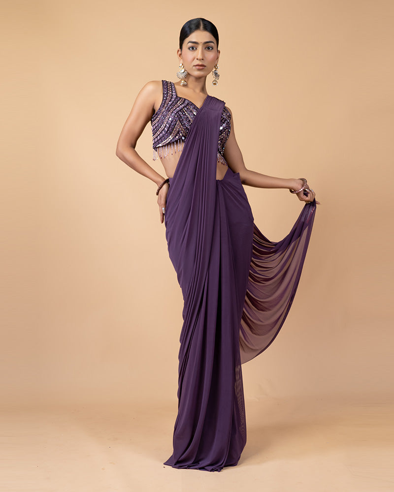 Purple Ready-to-Wear Saree with Hand Embellished Blouse