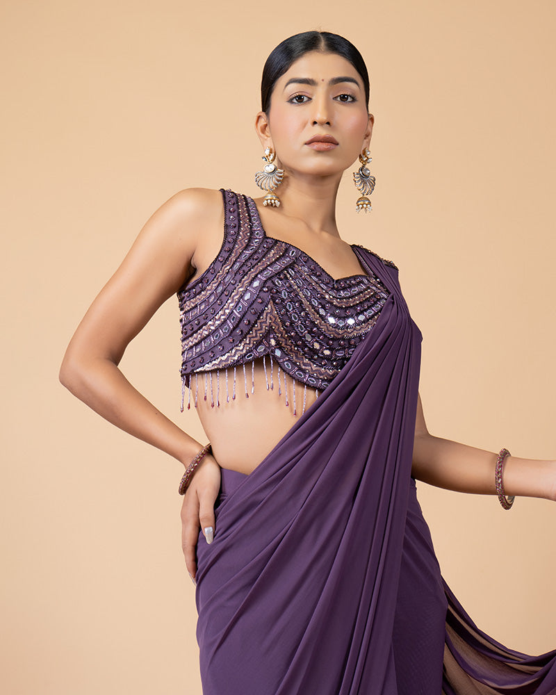 Purple Ready-to-Wear Saree with Hand Embellished Blouse