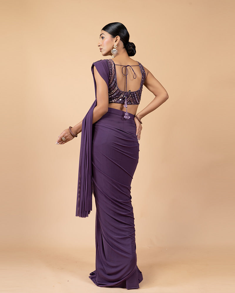 Purple Ready-to-Wear Saree with Hand Embellished Blouse