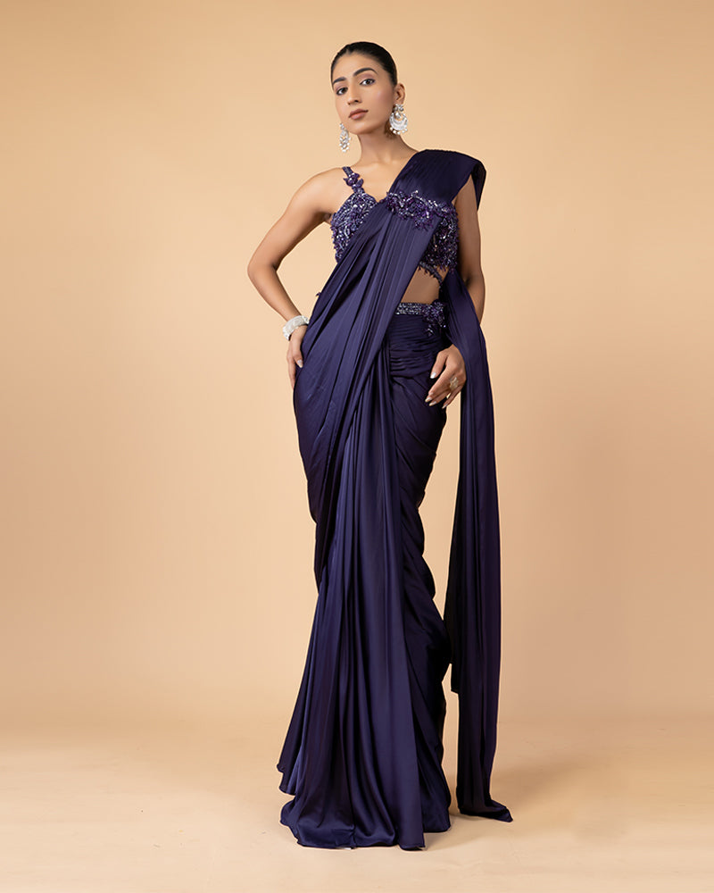 Purple Ready to Wear Saree with Embellished Blouse