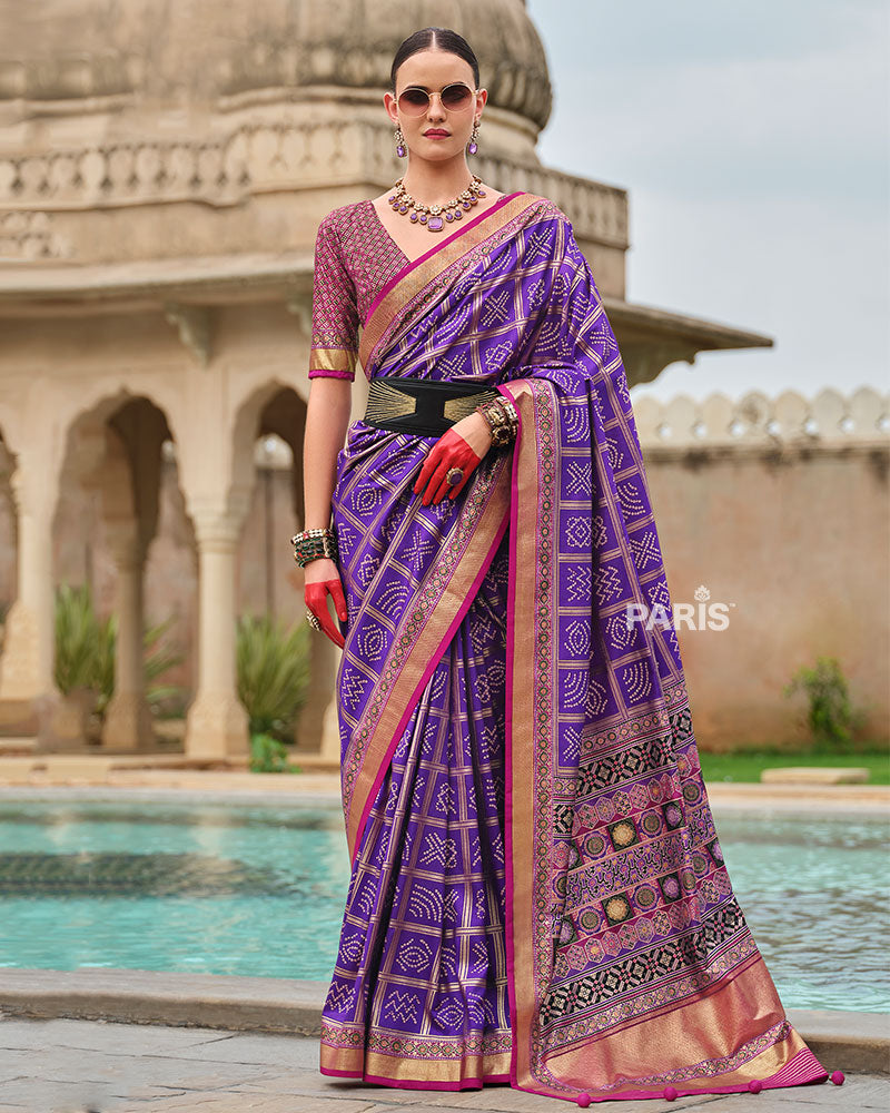 Purple Bandhani Printed Silk Saree with Unstitched Blouse 01