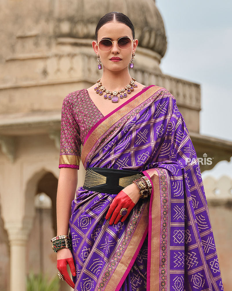 Purple Bandhani Printed Silk Saree with Unstitched Blouse 02