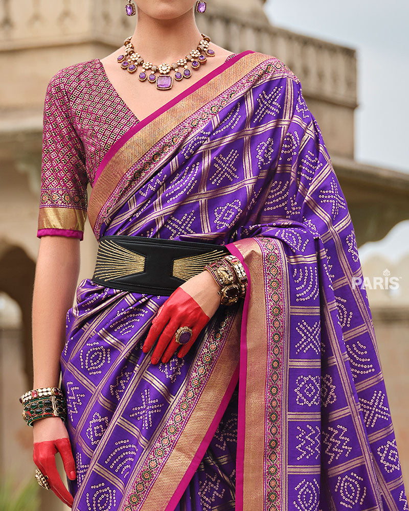 Purple Bandhani Printed Silk Saree with Unstitched Blouse 03