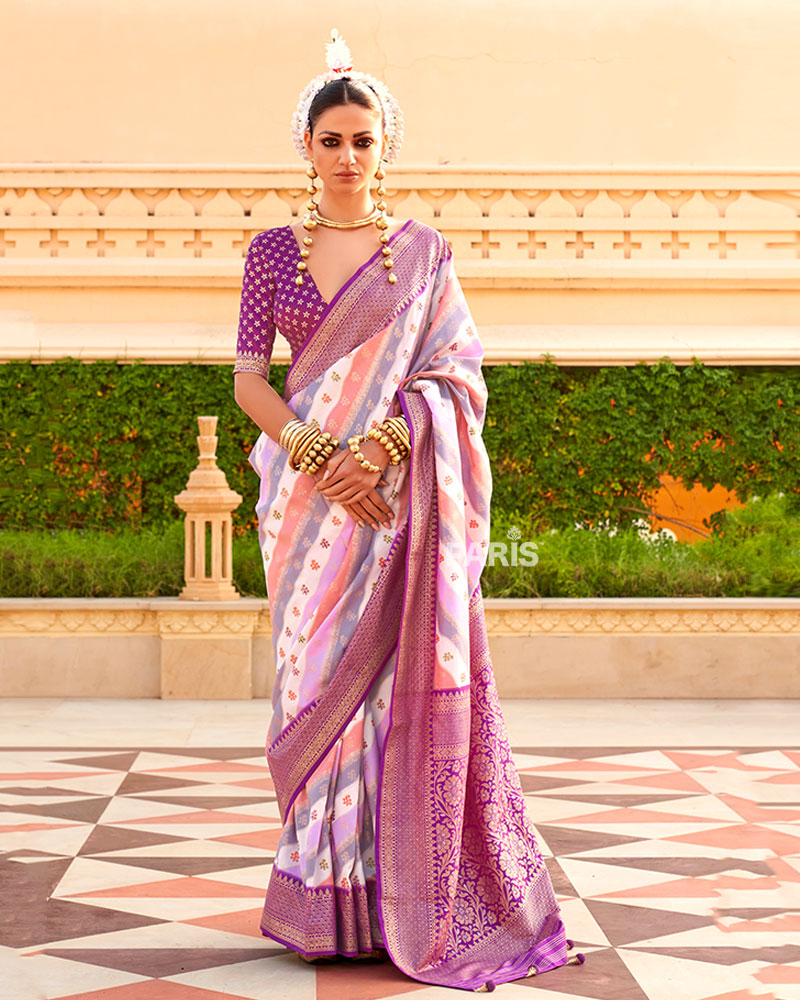 Purple Printed Silk Saree with Unstitched Blouse 001
