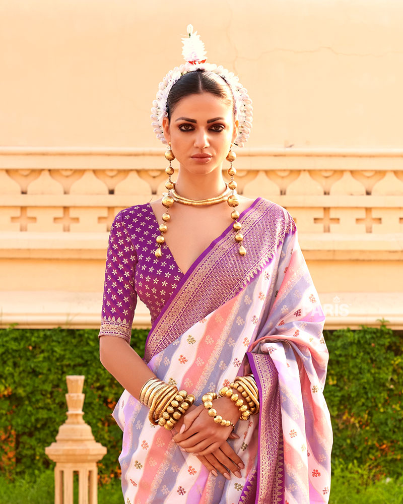 Purple Printed Silk Saree with Unstitched Blouse 002