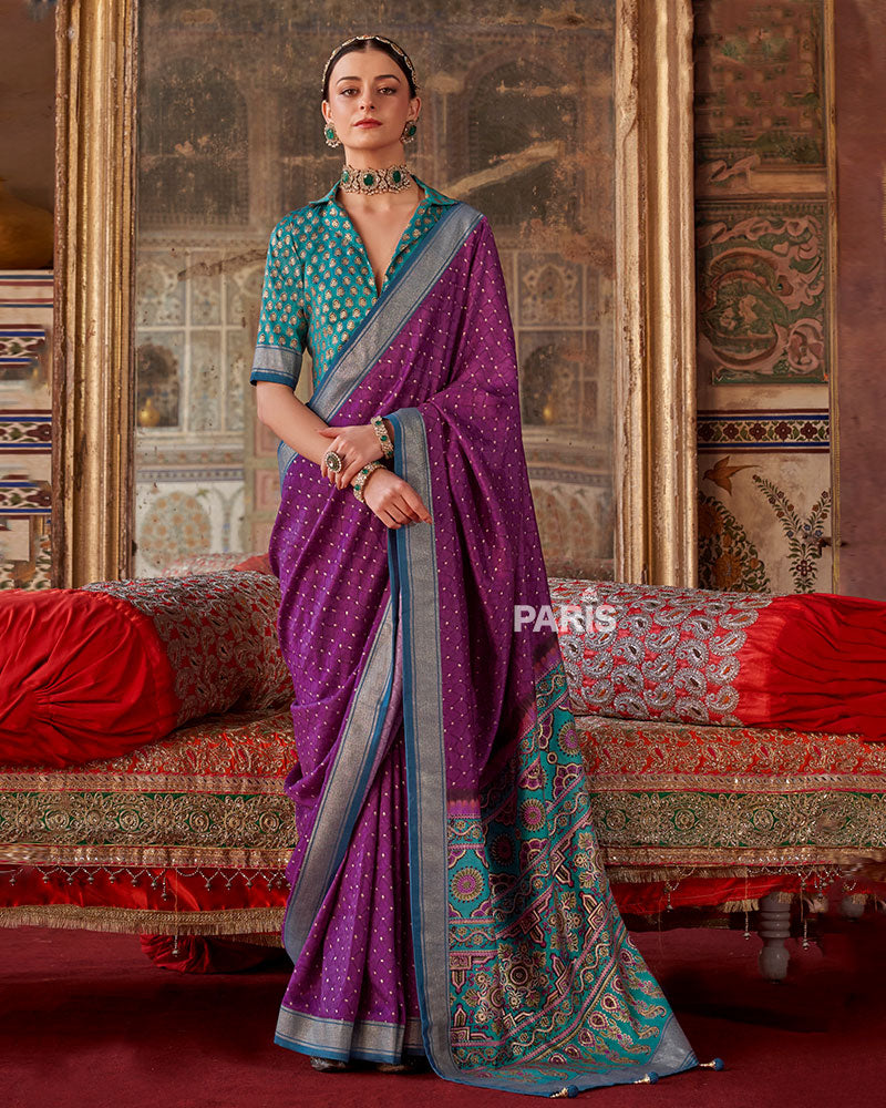 Purple Printed Silk Saree with Unstitched Blouse 01