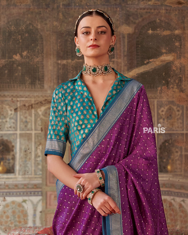 Purple Printed Silk Saree with Unstitched Blouse 02