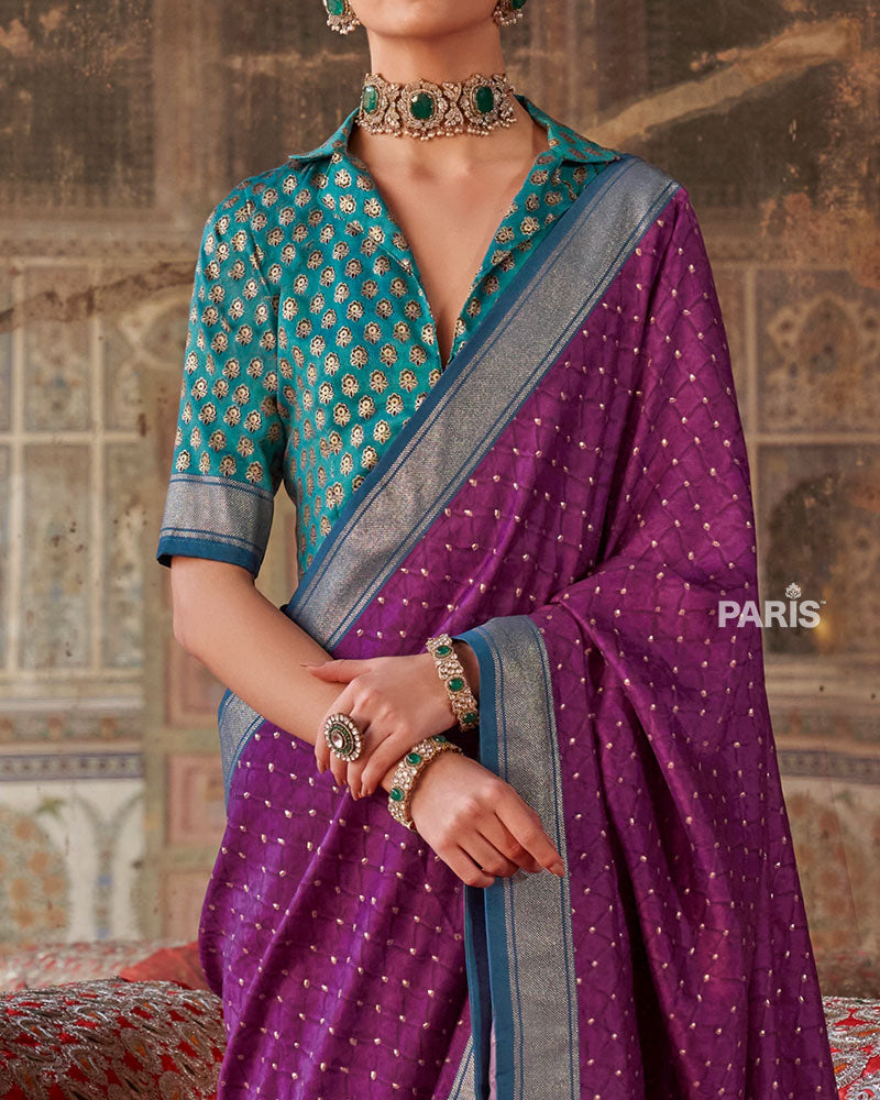Purple Printed Silk Saree with Unstitched Blouse 03
