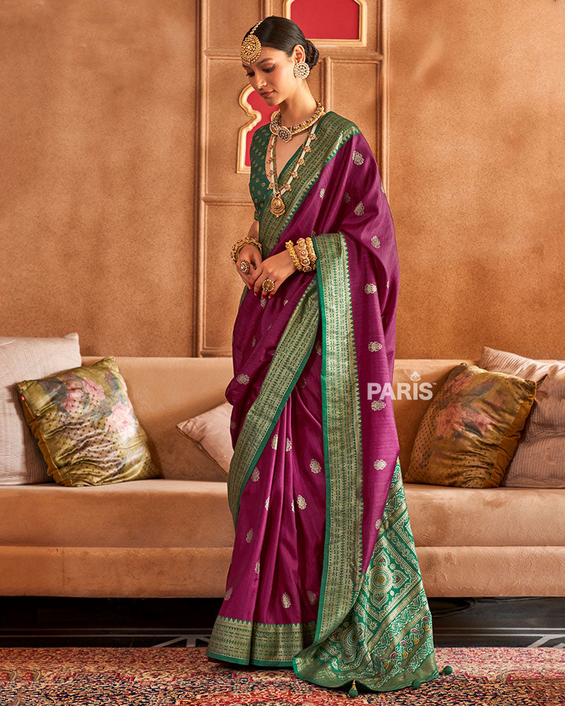 Purple and Green Foil Printed Patola Saree with Unstitched Blouse 01