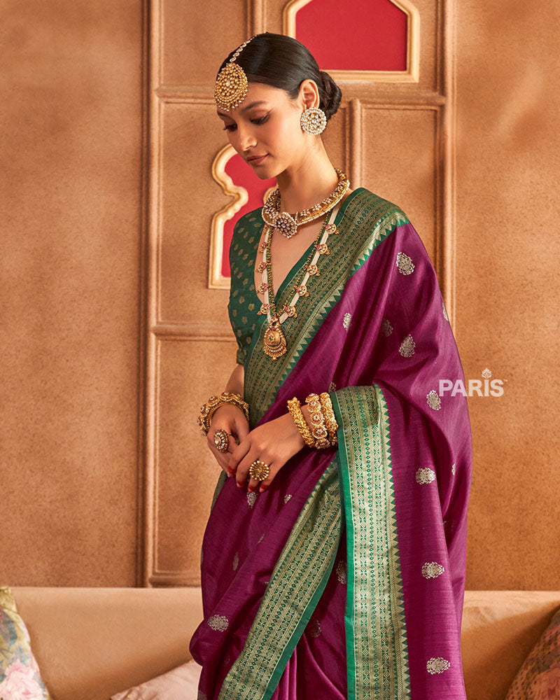 Purple and Green Foil Printed Patola Saree with Unstitched Blouse 02
