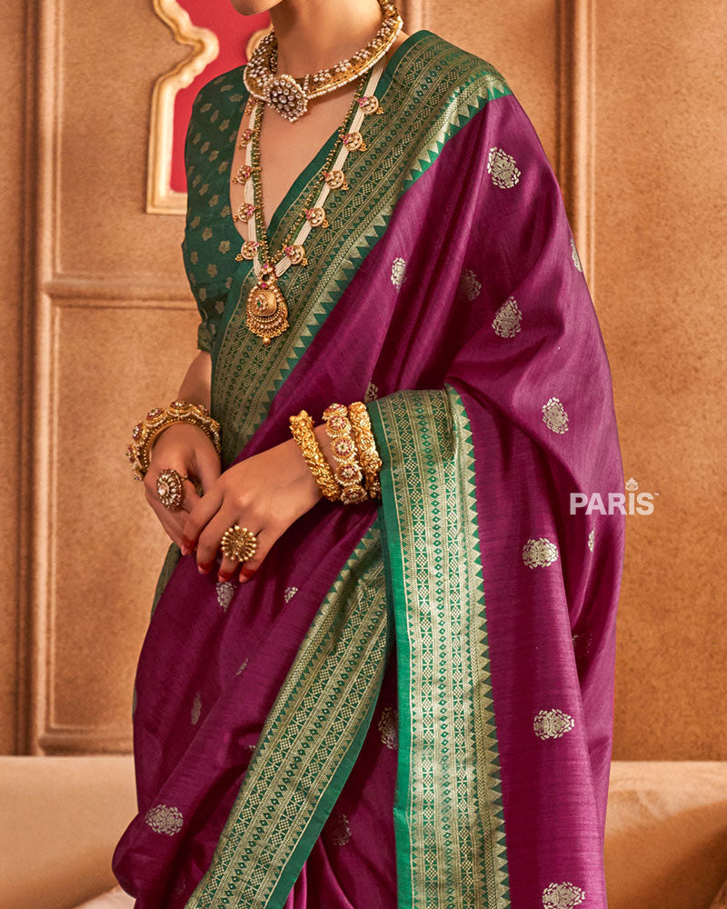Purple and Green Foil Printed Patola Saree with Unstitched Blouse 03