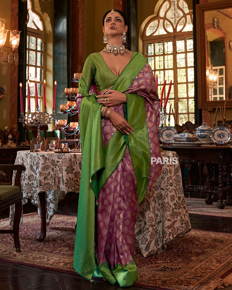Purple and Green Paisley Woven Border Kanjeevaram Silk Saree with Unstitched Blouse 01
