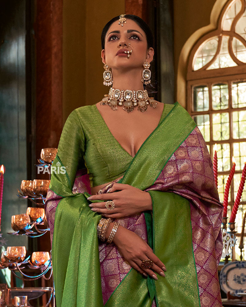 Purple and Green Paisley Woven Border Kanjeevaram Silk Saree with Unstitched Blouse 02