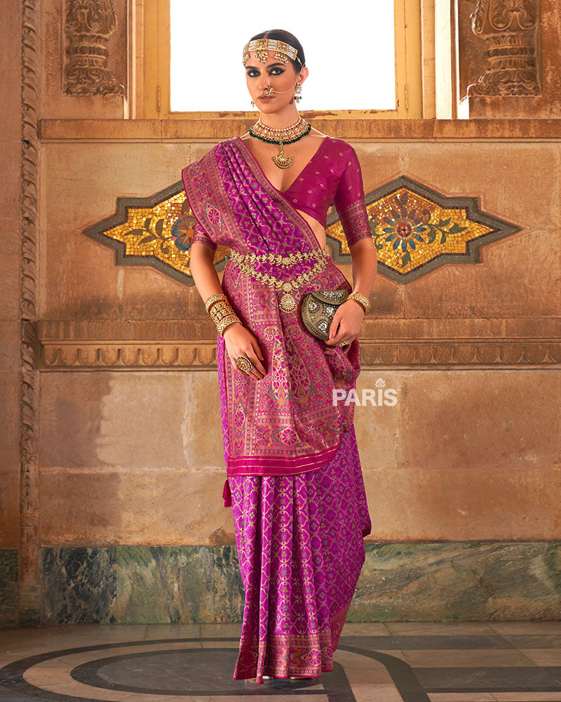 Purple and Pink Border Banarasi Jacquard Silk Saree with Unstitched Blouse 01