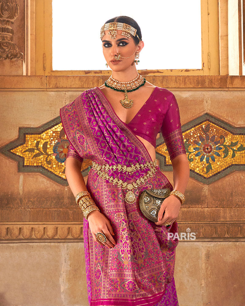 Purple and Pink Border Banarasi Jacquard Silk Saree with Unstitched Blouse 02